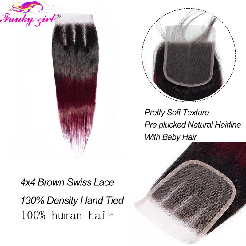 1B/99J Burgundy Straight Bundlse 4x4 Lace Closure Human Hair Bundles With 4x4 Closure Brazilian Hair Weave Bundles With Closure