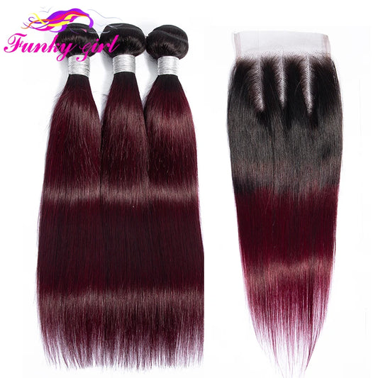 1B/99J Burgundy Straight Bundlse 4x4 Lace Closure Human Hair Bundles With 4x4 Closure Brazilian Hair Weave Bundles With Closure
