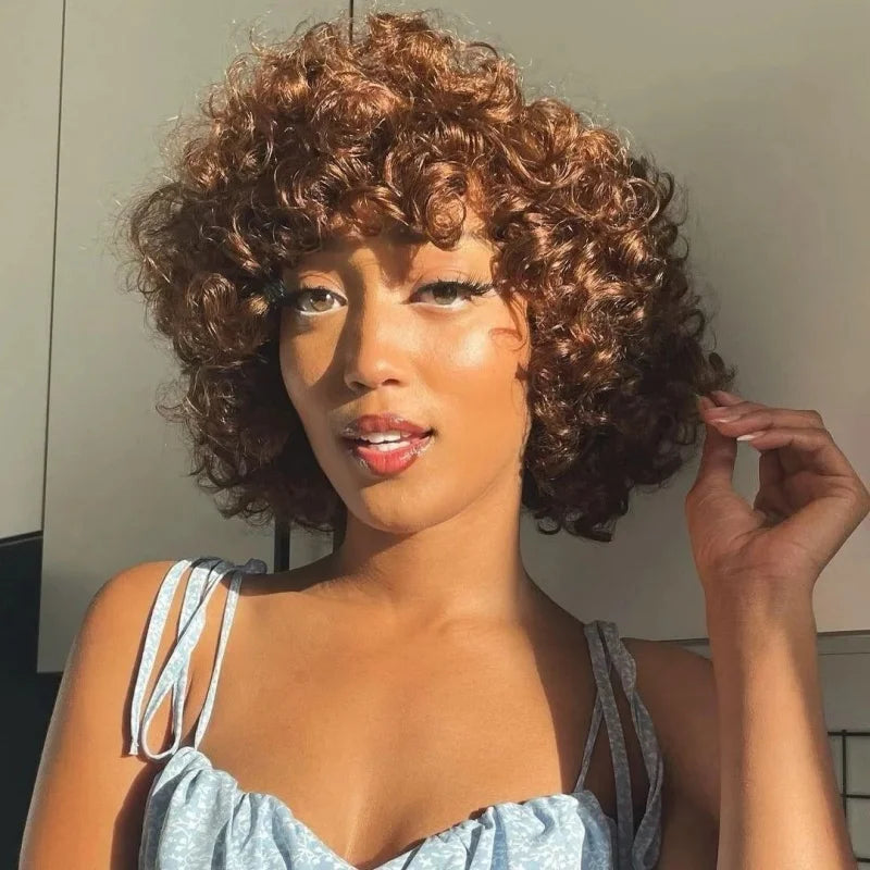 Funmi Human Hair Wig With Bangs Full Machine Made Short Rose Curly Human Hair Wig for Women Bouncy Curly Brazilian Pixie Cut Wig