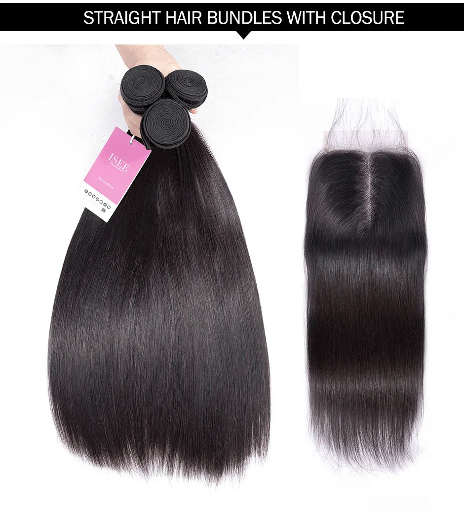 Straight Hair Bundles With Closure ISEE HAIR Remy Human Hair Bundles With Frontal Brazilian Hair Weave Bundles With Closure