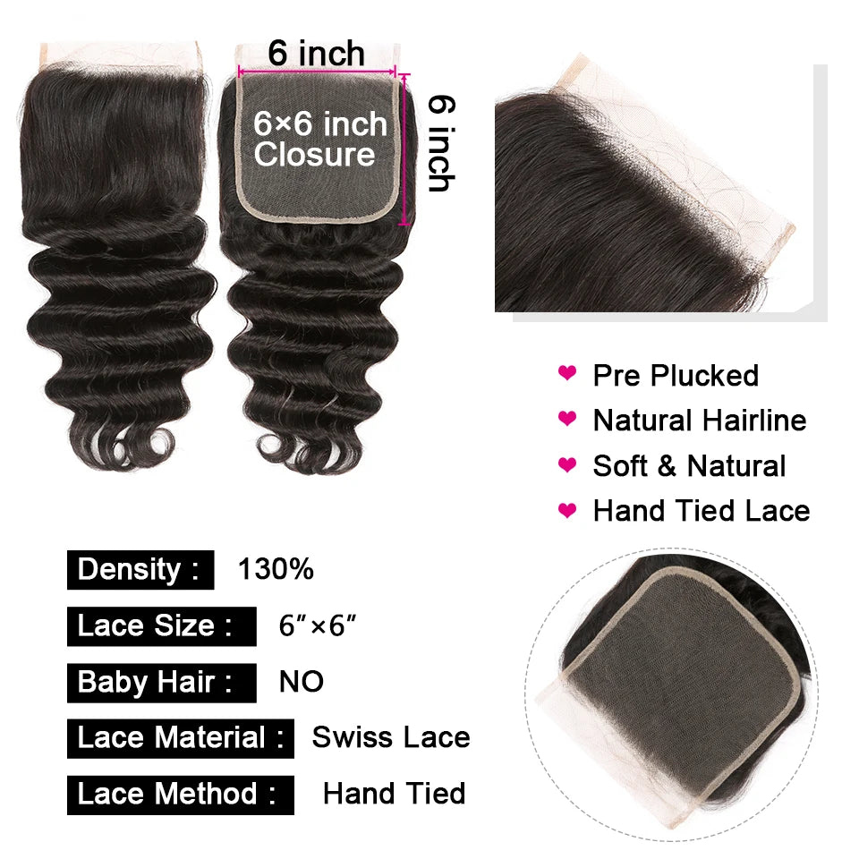 Yyong Loose Deep Wave Bundles With 6x6 Lace Closure Brazilian Remy Human Hair Bundles With Closures 3/4 Bundles With Closure