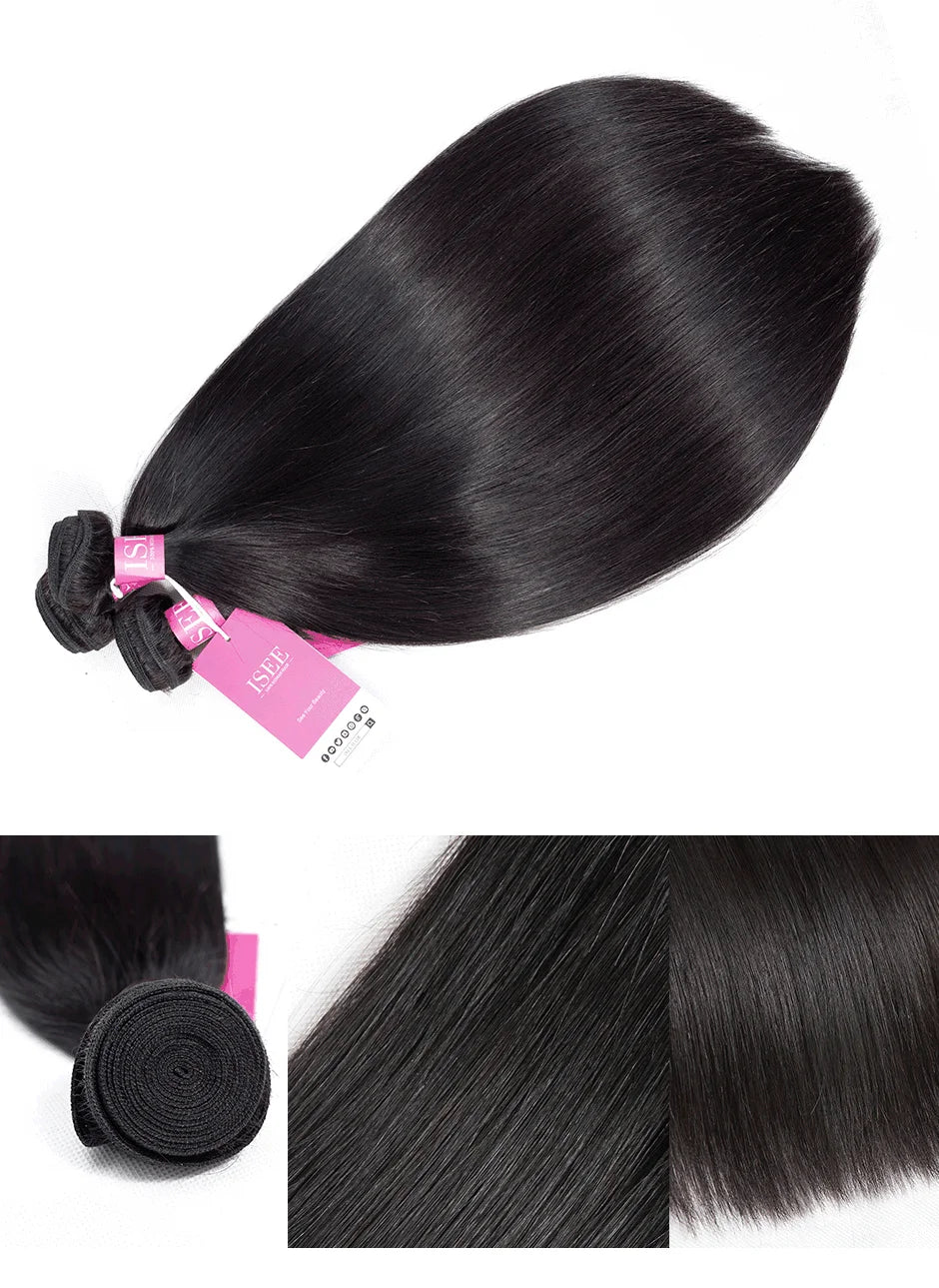 Straight Hair Bundles With Closure ISEE HAIR Remy Human Hair Bundles With Frontal Brazilian Hair Weave Bundles With Closure