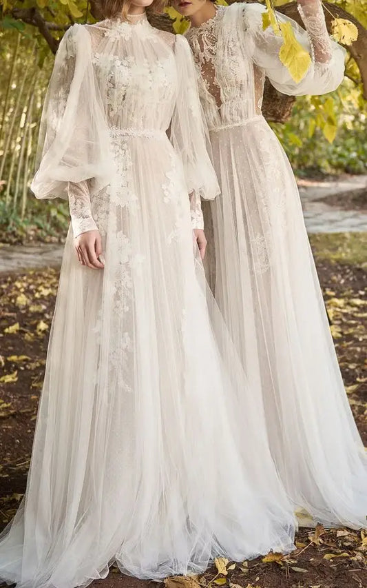 Vintage Muslim Wedding Dresses Customized High-Neck Appliques Vestido De Noiva Boho Dubai Arabic  Gown Bridal Style A Not B