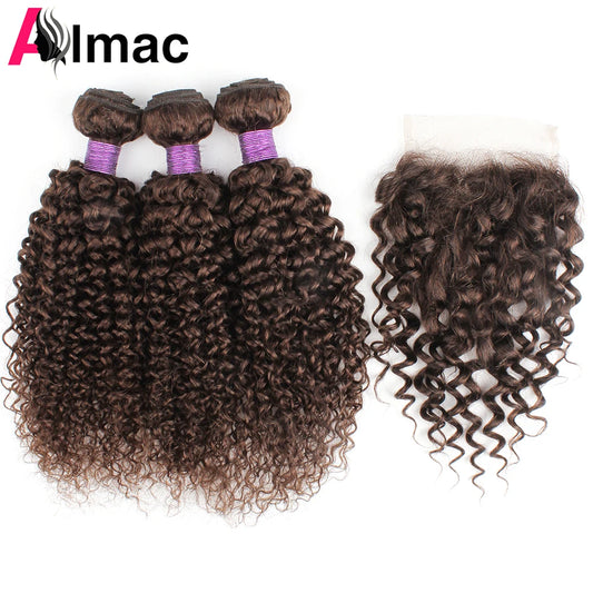 Brown Color Natural Black Jerry Curly Human Hair Bundles With 4x4 Lace Closure Peruvian Remy Hair With Swiss Lace 200g/Set