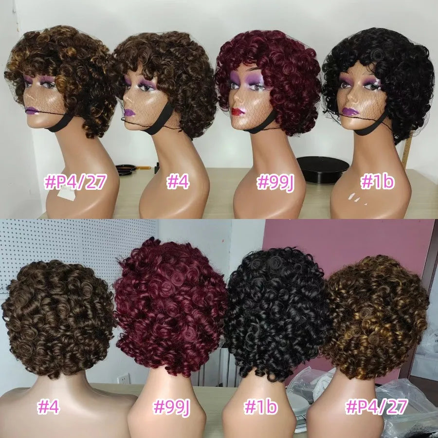 Funmi Human Hair Wig With Bangs Full Machine Made Short Rose Curly Human Hair Wig for Women Bouncy Curly Brazilian Pixie Cut Wig