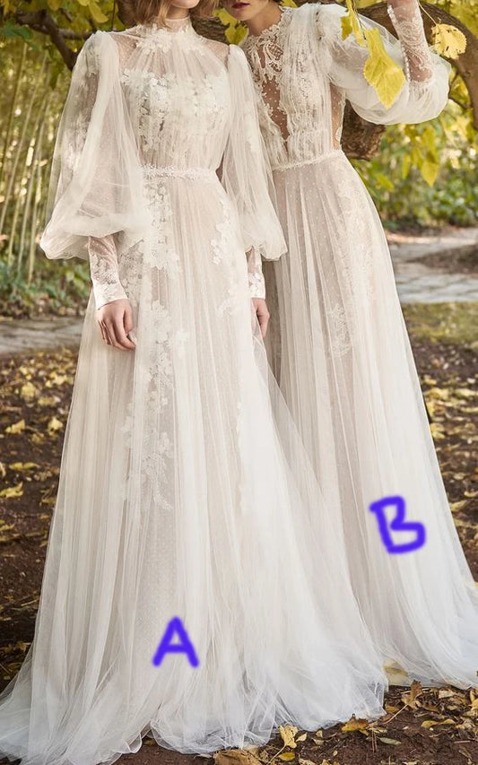 Vintage Muslim Wedding Dresses Customized High-Neck Appliques Vestido De Noiva Boho Dubai Arabic  Gown Bridal Style A Not B