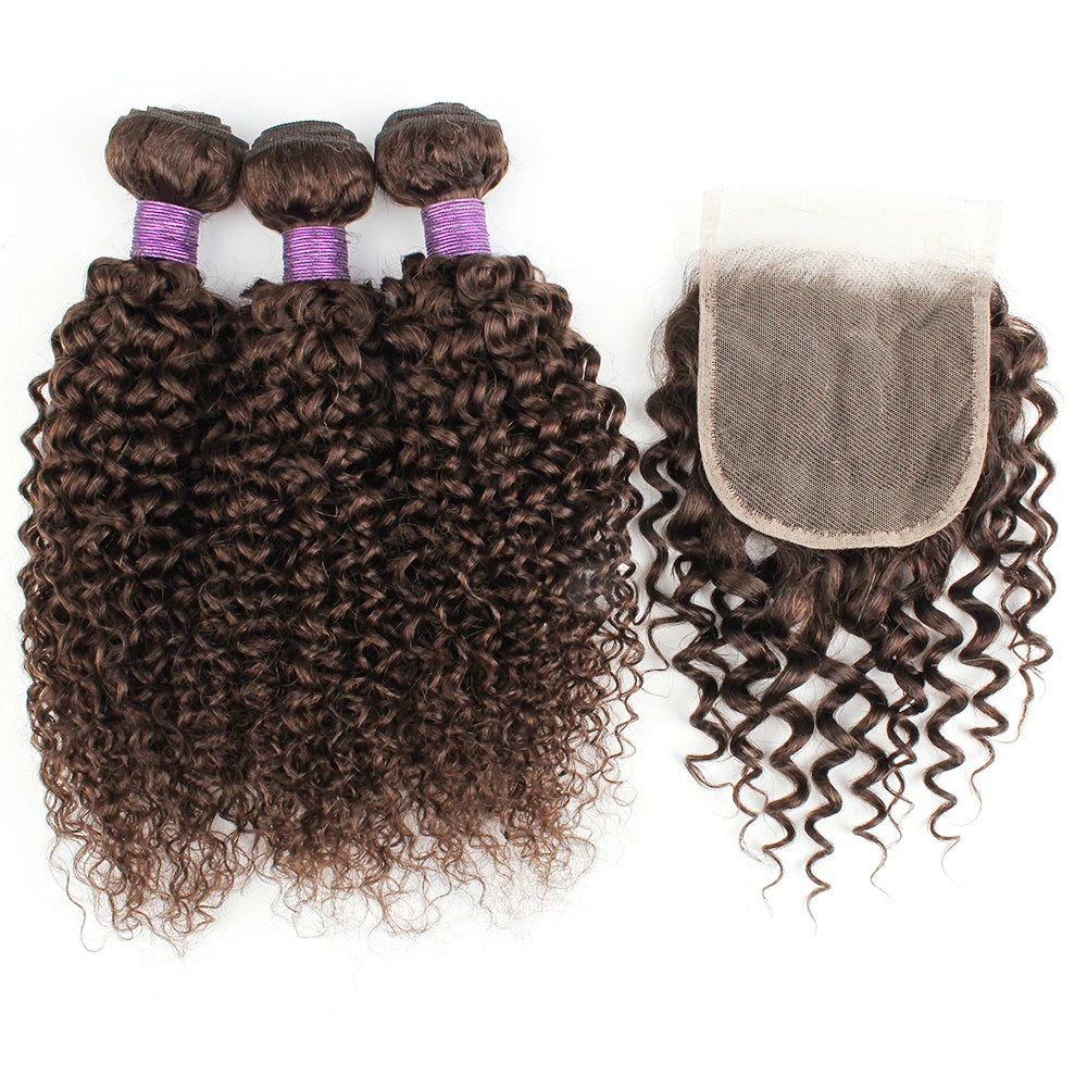 Brown Color Natural Black Jerry Curly Human Hair Bundles With 4x4 Lace Closure Peruvian Remy Hair With Swiss Lace 200g/Set