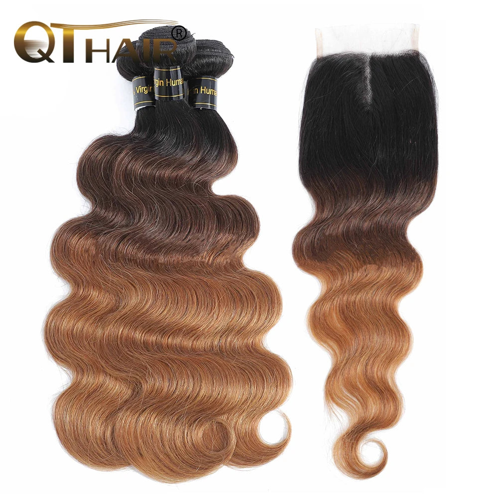 Ombre Color Body Wave Human Hair Bundles With Closure Brazilian Virgin Hair Bundles 1b/4/27 1b/4/30 Hair Weave Bundle Human Hair