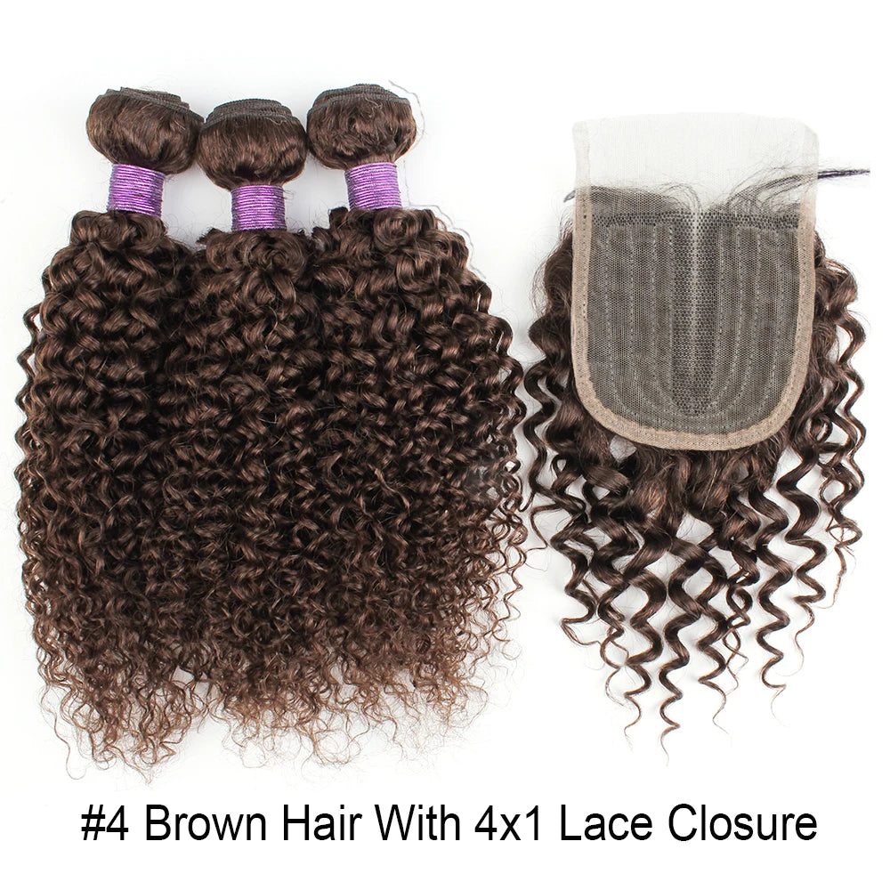 Brown Color Natural Black Jerry Curly Human Hair Bundles With 4x4 Lace Closure Peruvian Remy Hair With Swiss Lace 200g/Set
