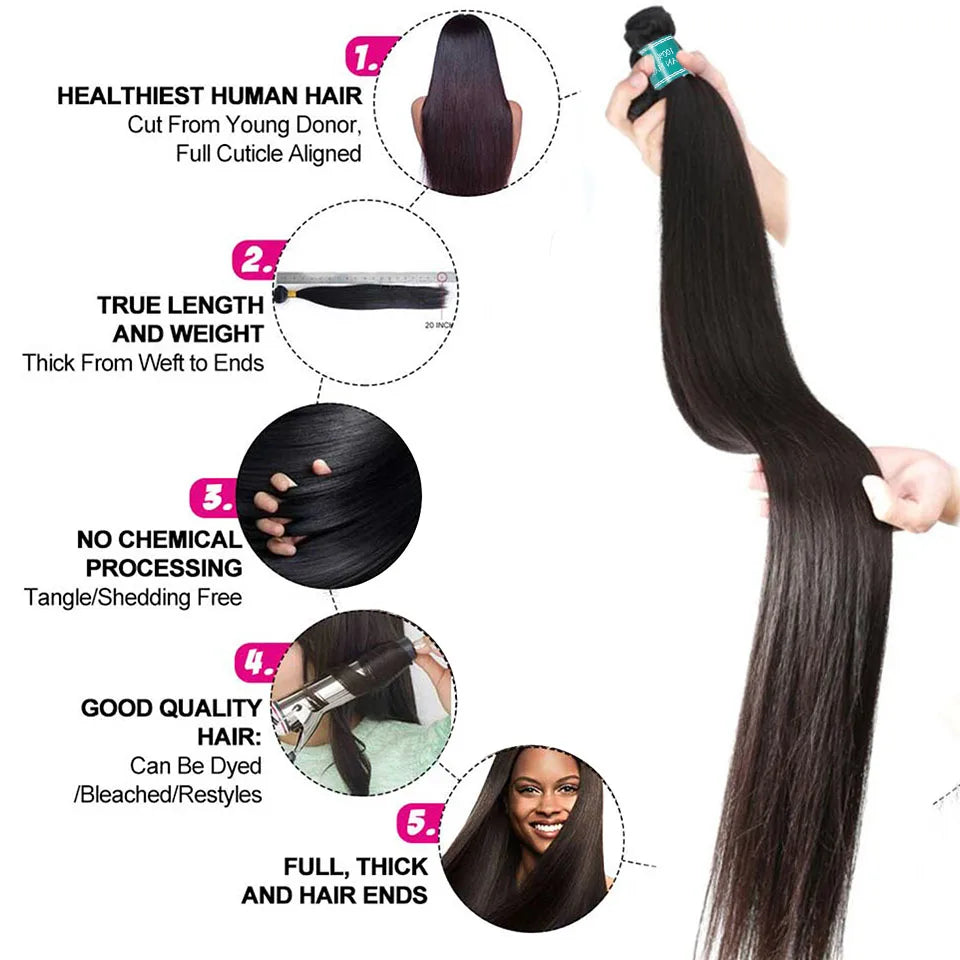 ALI GRACE Hair Straight Human Hair Bundles 1/3/4 Pcs Brazilian Straight Hair Bundles 28 30 32 Inch Remy Hair Weave Natural Color