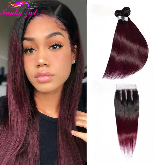 1B/99J Burgundy Straight Bundlse 4x4 Lace Closure Human Hair Bundles With 4x4 Closure Brazilian Hair Weave Bundles With Closure