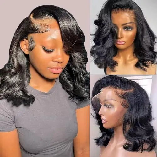 2025 New Arrival 14 Inch Natural Black Body Wave Pre-Plucked Human Hair Wig 13x4 HD Lace Front 180% Density Short Bob Wig