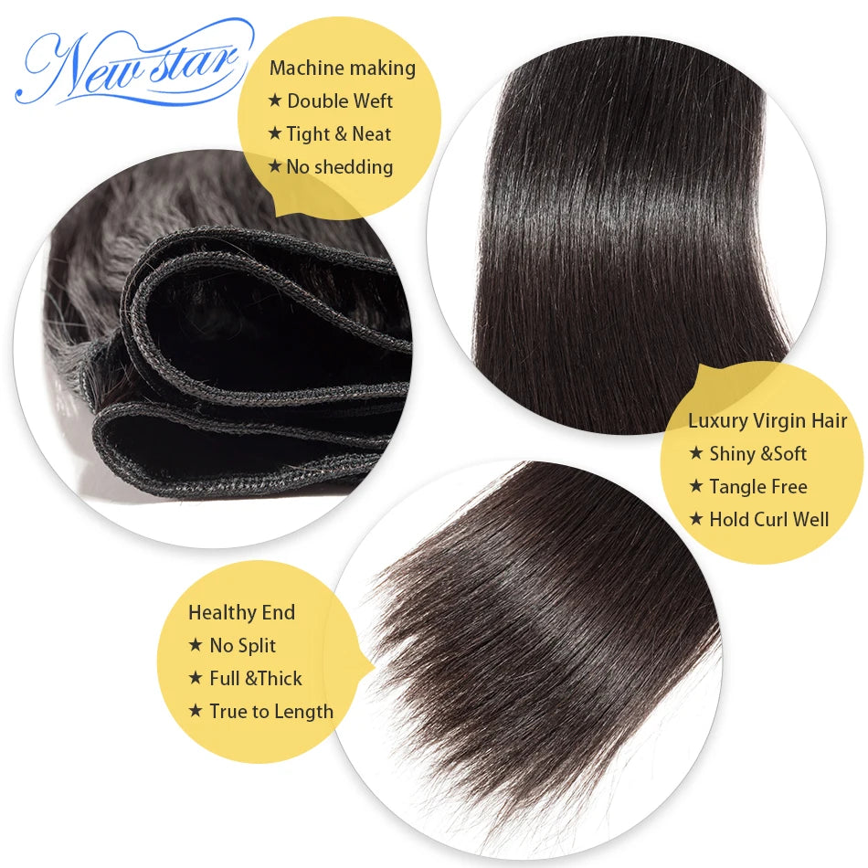 10A Straight Hair With HD 5x5 Lace Closure New Star Cuticle Aligned Brazilian Virgin Hair Bundles & Transparent 5x5 Lace Closure