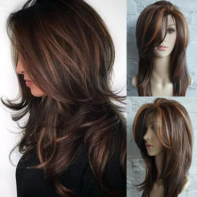 SuQ Classic Curly Wig Hair Synthetic Natural For Women Cosplay Brown WIth Blonde Heat Resistant Daily Wigs