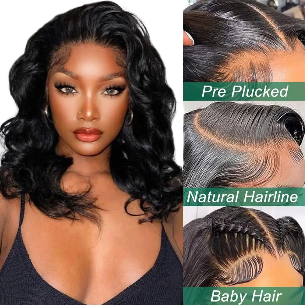 2025 New Arrival 14 Inch Natural Black Body Wave Pre-Plucked Human Hair Wig 13x4 HD Lace Front 180% Density Short Bob Wig