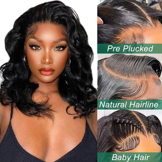 2025 New Arrival 14 Inch Natural Black Body Wave Pre-Plucked Human Hair Wig 13x4 HD Lace Front 180% Density Short Bob Wig