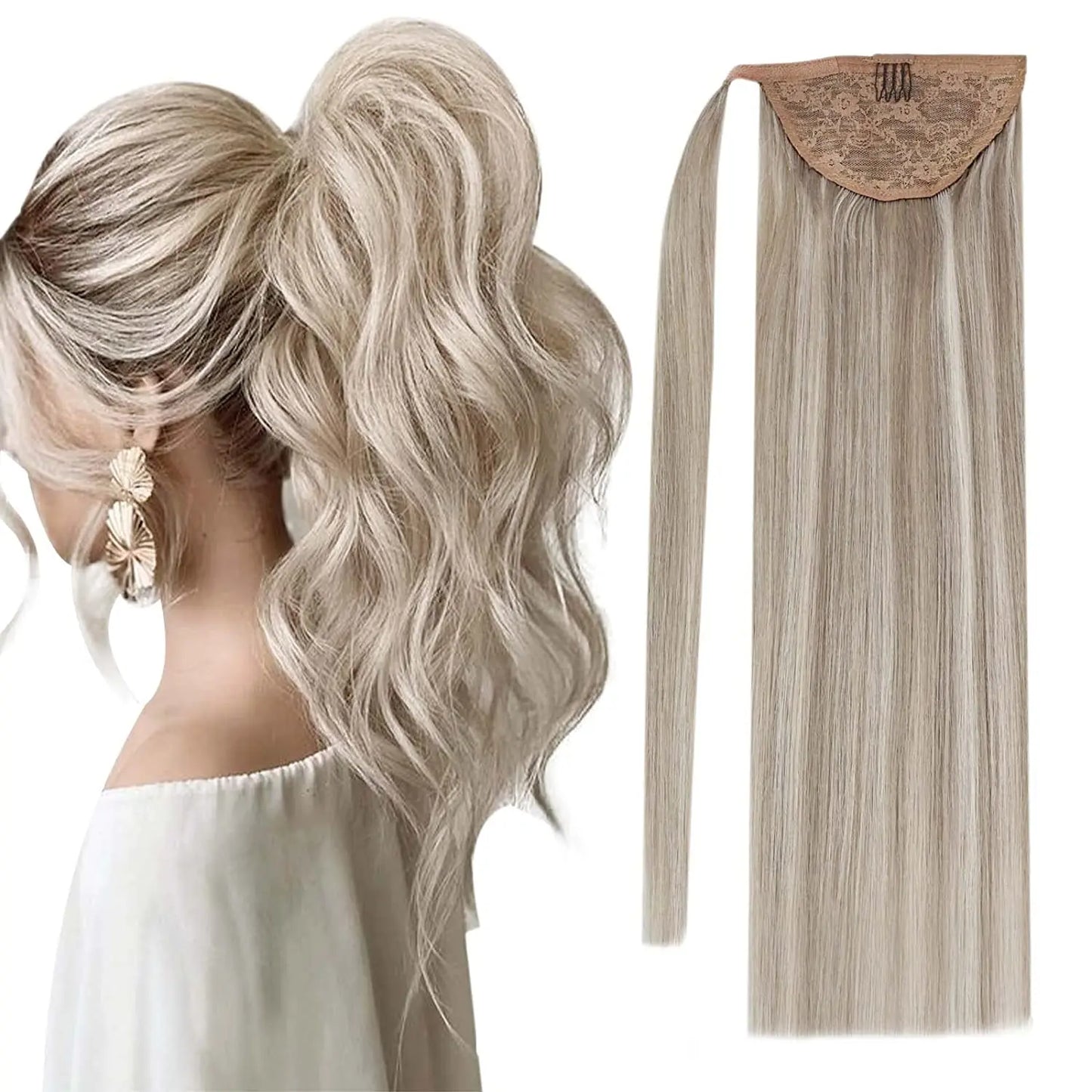VeSunny Ponytail Human Hair Straight 80g Clip in Hair Extensions Human 14-22" Natural Hair Horse Tails No Claw Clip