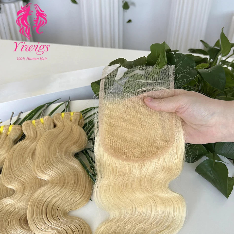Yiwigs 12A Grade 613 Blonde Colored Body Wave 100% Human Hair Bundles With 4x4 Real HD Lace Closure Hair Weave Extensions Thick