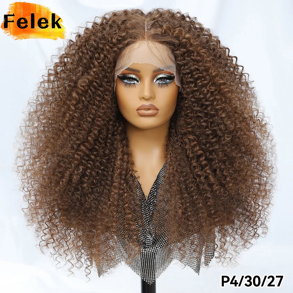 Long Afro Kinky Curly Synthetic Wig 24 Inch Jerry Curl Deep Part Lace Front Wigs For Female Ombre Blue Copper 613 Highlight Wigs