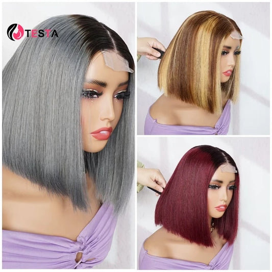 Super Double Drawn Bone Straight Human Hairs Wig Omber 1B/grey Bob Wig 2*4 Lace Wig  Extension Middle Part Kim Closure Wigs 300%