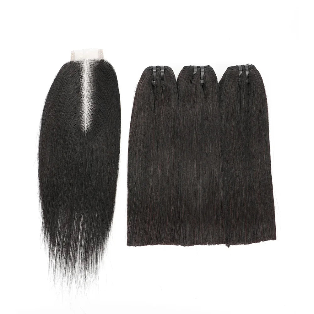 33 Brown Black Bone Straight 3 Bundles with Closure Vietnam Raw Straight Human Hair Bundles with Closure 2x6 Lace Kim K Closure