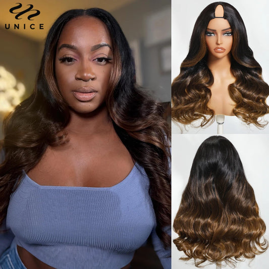 Unice Hair Chestnut Brown Ombre Body Wave V Part Wig With Drawstring Human Hair Glueless Wig Minimal Leave Out Beginner Friendly