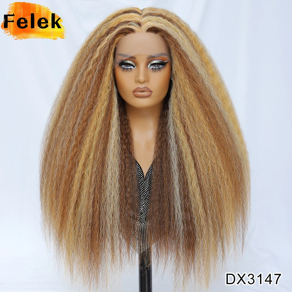 28 Inch Kinky Straight Lace Wigs Synthetic Black T Part Yaki Straight Lace Front Wigs For Women Brown Afro Wigs With Hair Line