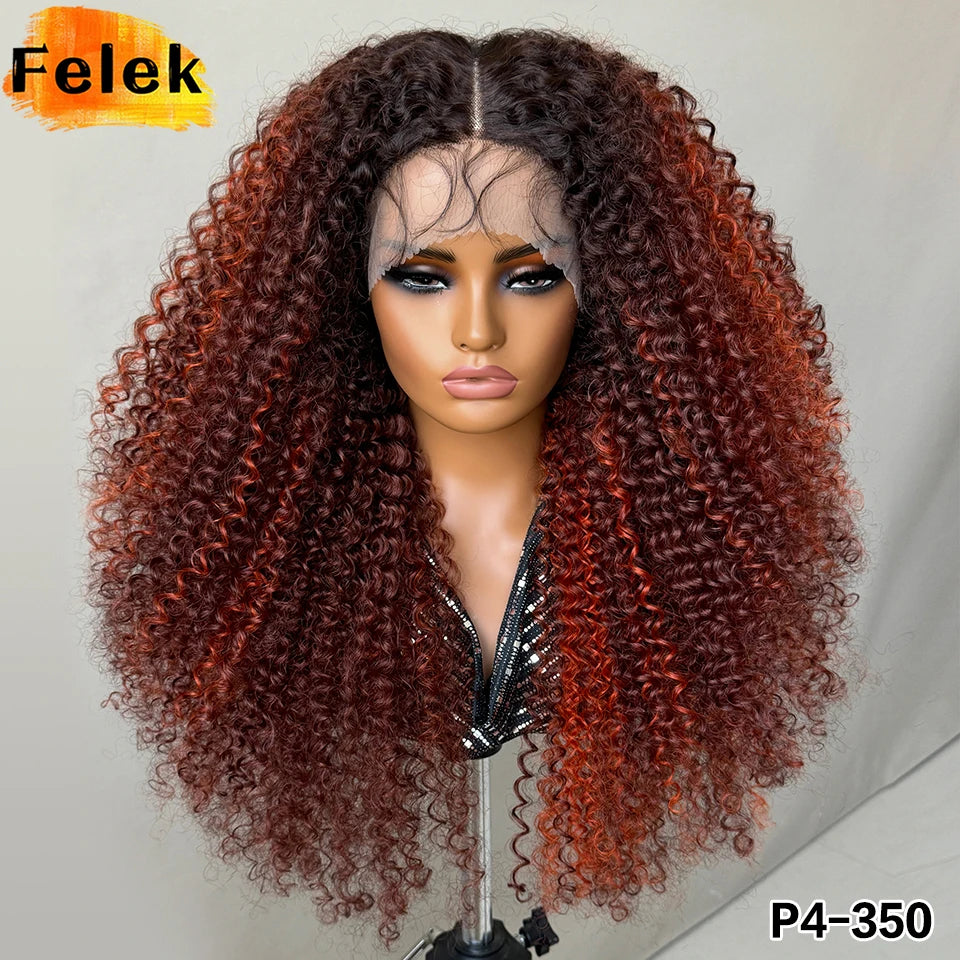 Long Afro Kinky Curly Synthetic Wig 24 Inch Jerry Curl Deep Part Lace Front Wigs For Female Ombre Blue Copper 613 Highlight Wigs