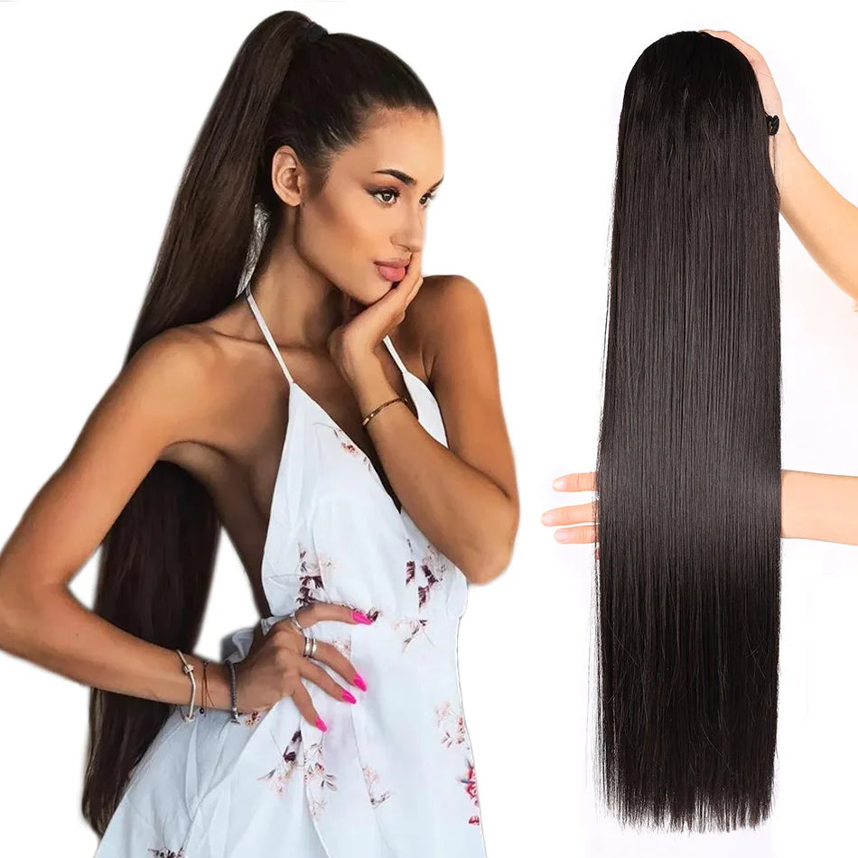 Synthetic Long Straight Ponytail Drawstring Pony Tail 32inch Clip In Hair Extensions for Women Heat Resistant Fake Hair BOOMING