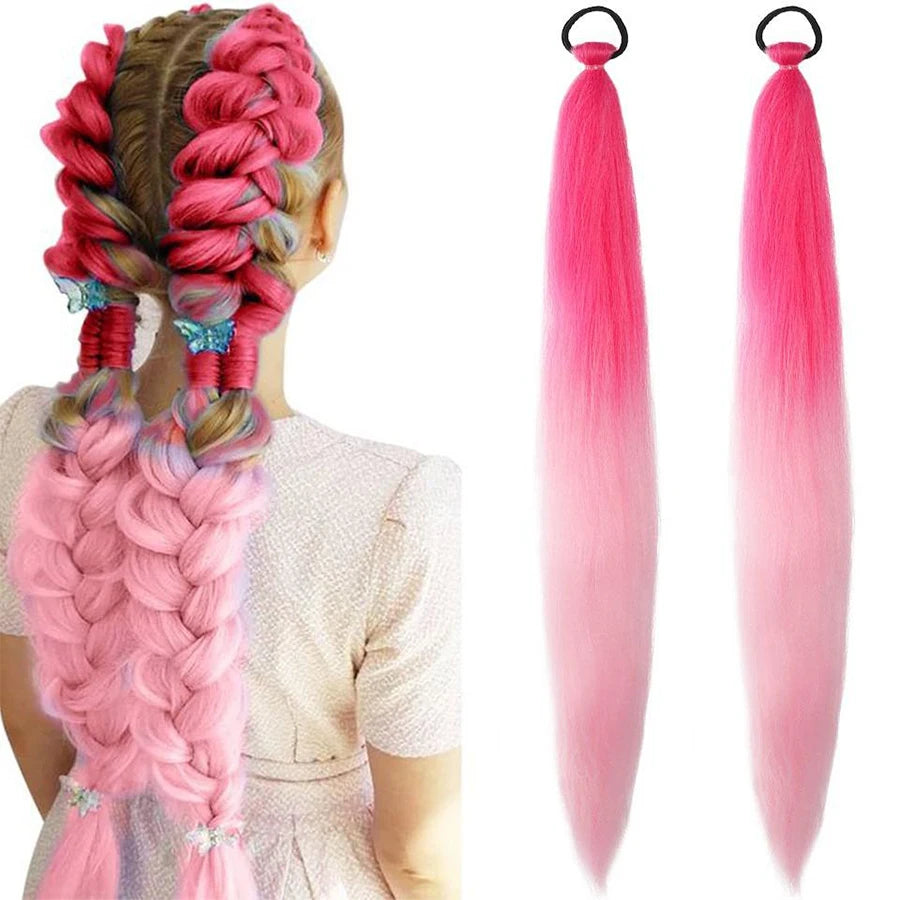 2PCS 26Inch Synthetic Long Straight Ponytail with Elastic Hair Colorful Braiding Hair Ponytail Hair Extensions Hair Accessories