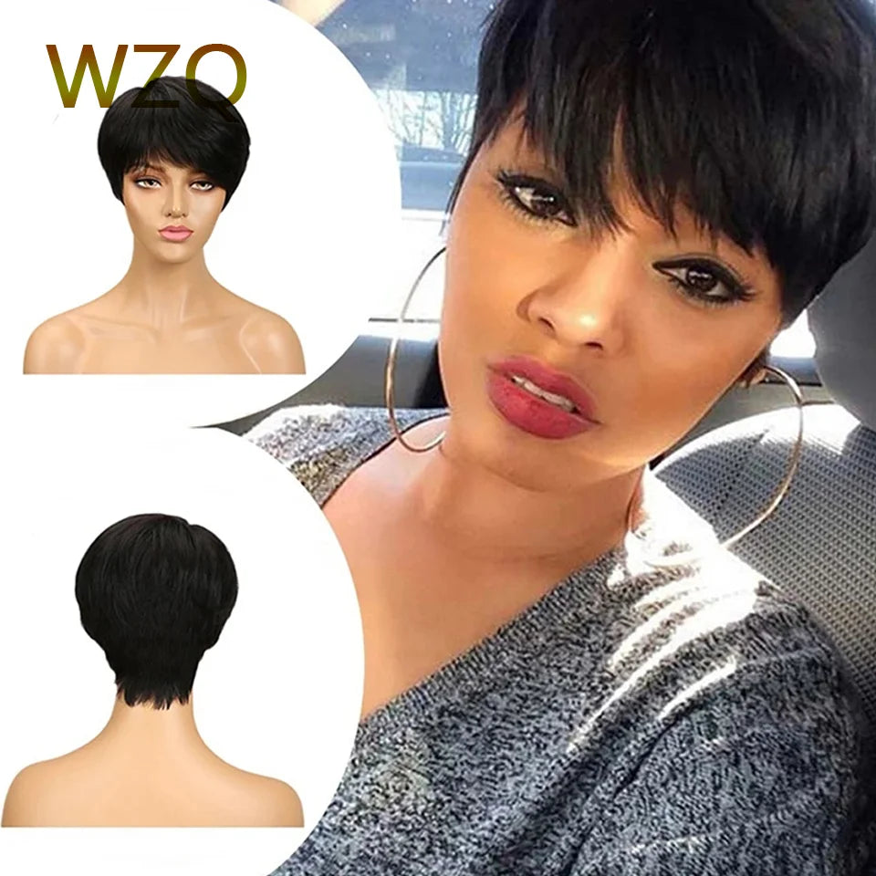 Glueless Short Pixie Cut Wig Human Hair Ready to Wear Brazilian Human Hair Wigs For Women Black Natural Color Full Machine Wigs