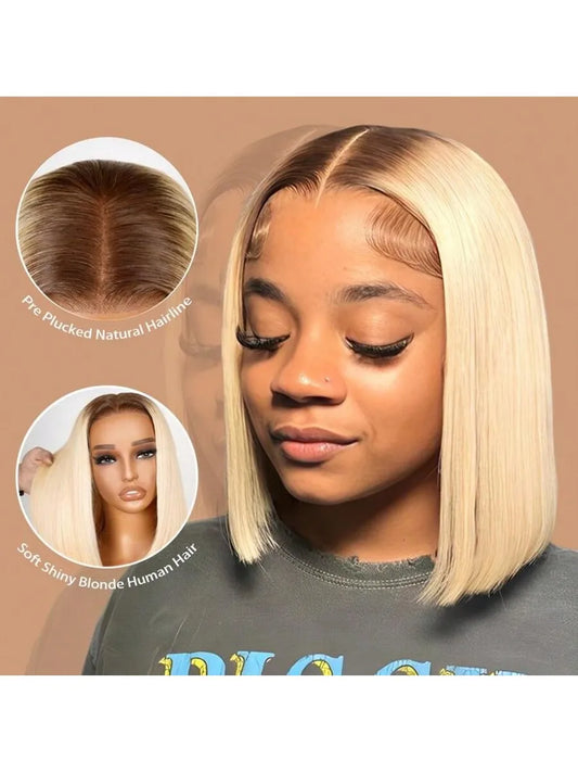 13x6 Blonde Ombre Human Hair Wigs For Women Short Straight Bob Lace Front Wig With Roots 13x4 HD Transparent Lace Remy Hair Wig