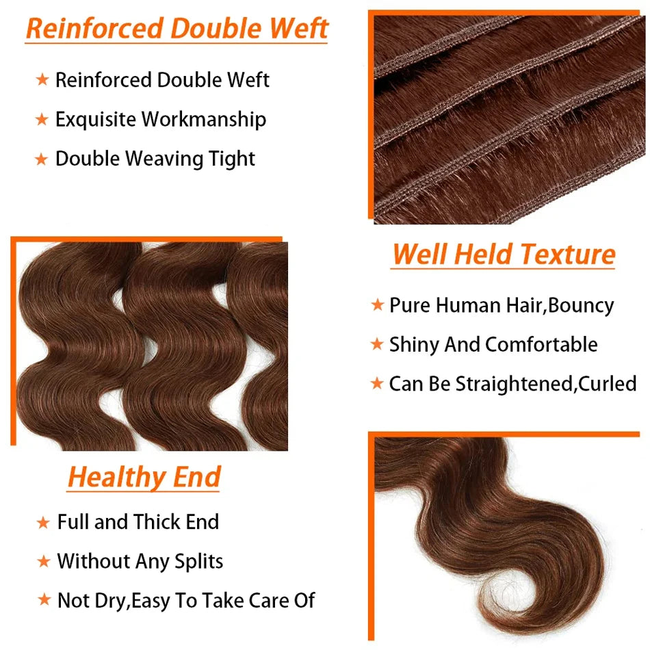 Brown Body Wave Bundles Human Hair Brazilian Hair Weave Bundles 1/3/4 PCS Human Hair Bundles #4 Brown 100% Remy Hair Extensions