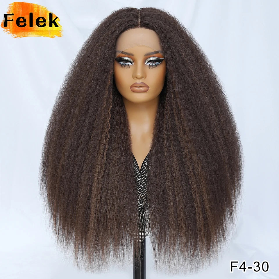 28 Inch Kinky Straight Lace Wigs Synthetic Black T Part Yaki Straight Lace Front Wigs For Women Brown Afro Wigs With Hair Line