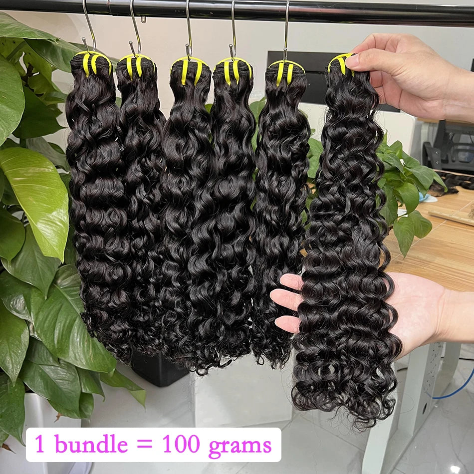 Double Drawn Water Wave Human Hair Bundles 100% Raw Virgin Human Hair Weave Extensions #1b Natural Color 10A Wavy Curl For Women