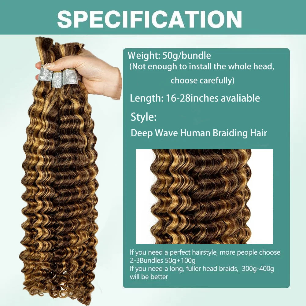 V Beauty Human Hair for Braiding Deep Wave #27 Honey Blonde Bulk Human Hair Bundles No Weft Hair Bulk for Women Hair Extensions