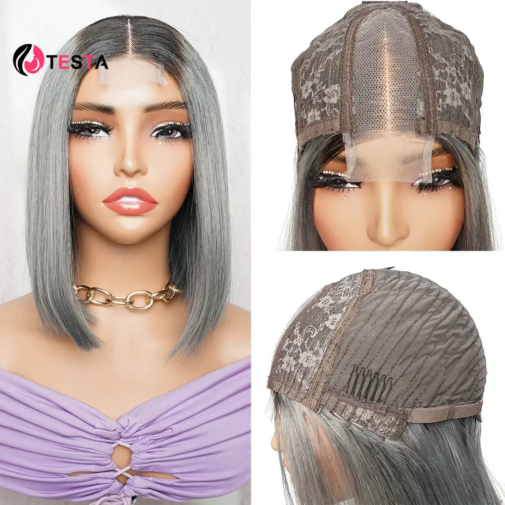 Super Double Drawn Bone Straight Human Hairs Wig Omber 1B/grey Bob Wig 2*4 Lace Wig  Extension Middle Part Kim Closure Wigs 300%