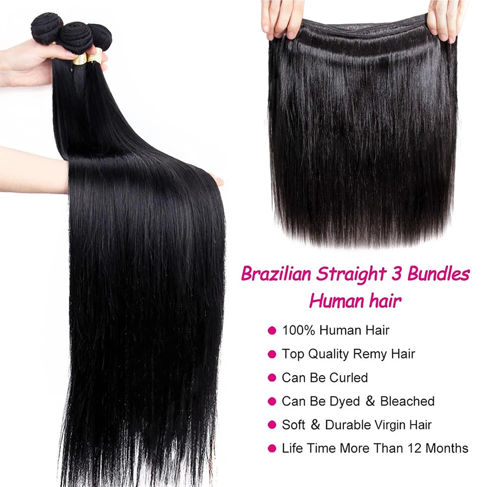 12A Bone Straight Hair Bundles Brazilian 100% Human Hair Weave Bundles 1/3/4 PCS Natural Black 8-30" Remy Human Hair Extensions
