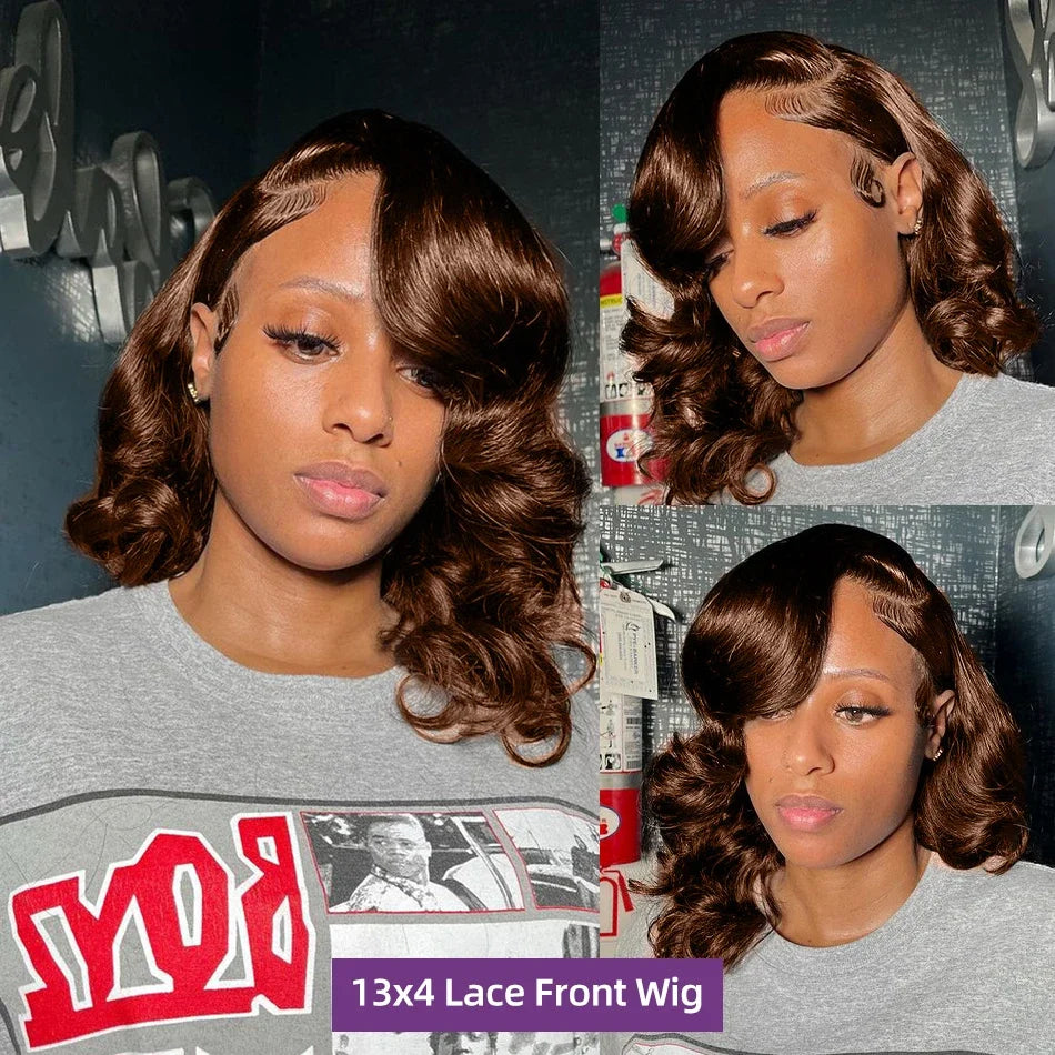 Chocolate Brown Body Wave Bob Wigs Human Hair 13x4 HD Lace Frontal Wigs 4# Colored 100% Human Hair Water Wave Preplucked 16 Inch