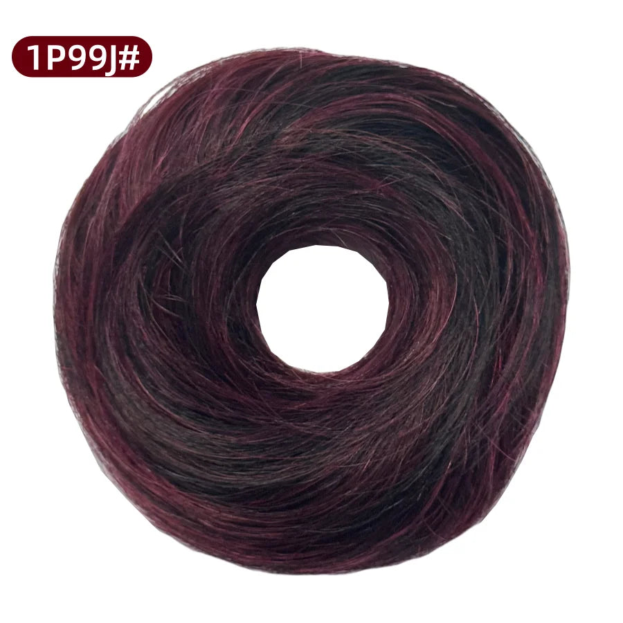 Messy Bun Hair Piece Human Hair Natural Black Wavy Tousled Stretchy Fluffy Donut Updo Elegant Chignon with Elastic Rubber Band