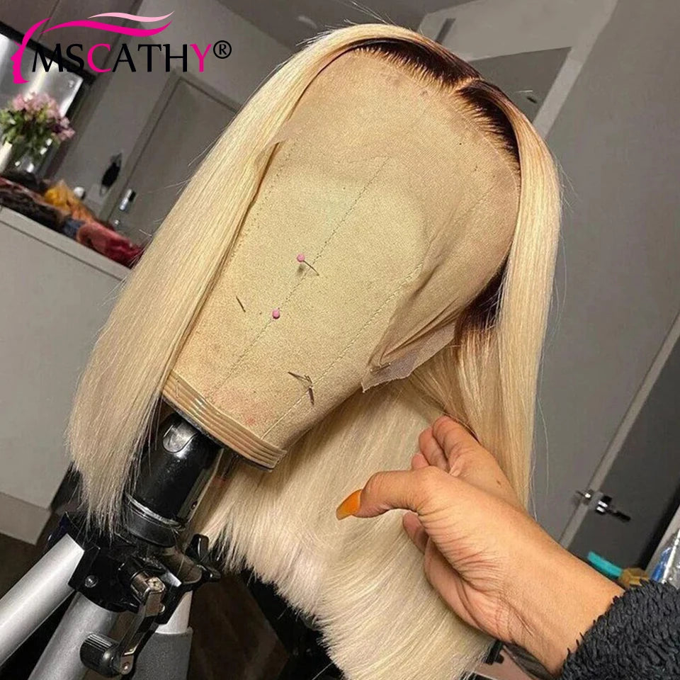 13x6 Blonde Ombre Human Hair Wigs For Women Short Straight Bob Lace Front Wig With Roots 13x4 HD Transparent Lace Remy Hair Wig