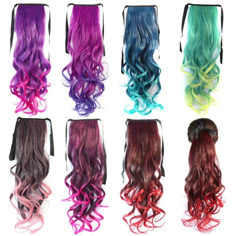 18" Long Curly Synthetic Ponytail Hairpiece Clip-In Extensions Wrap around Girl's Hair Extension for Women