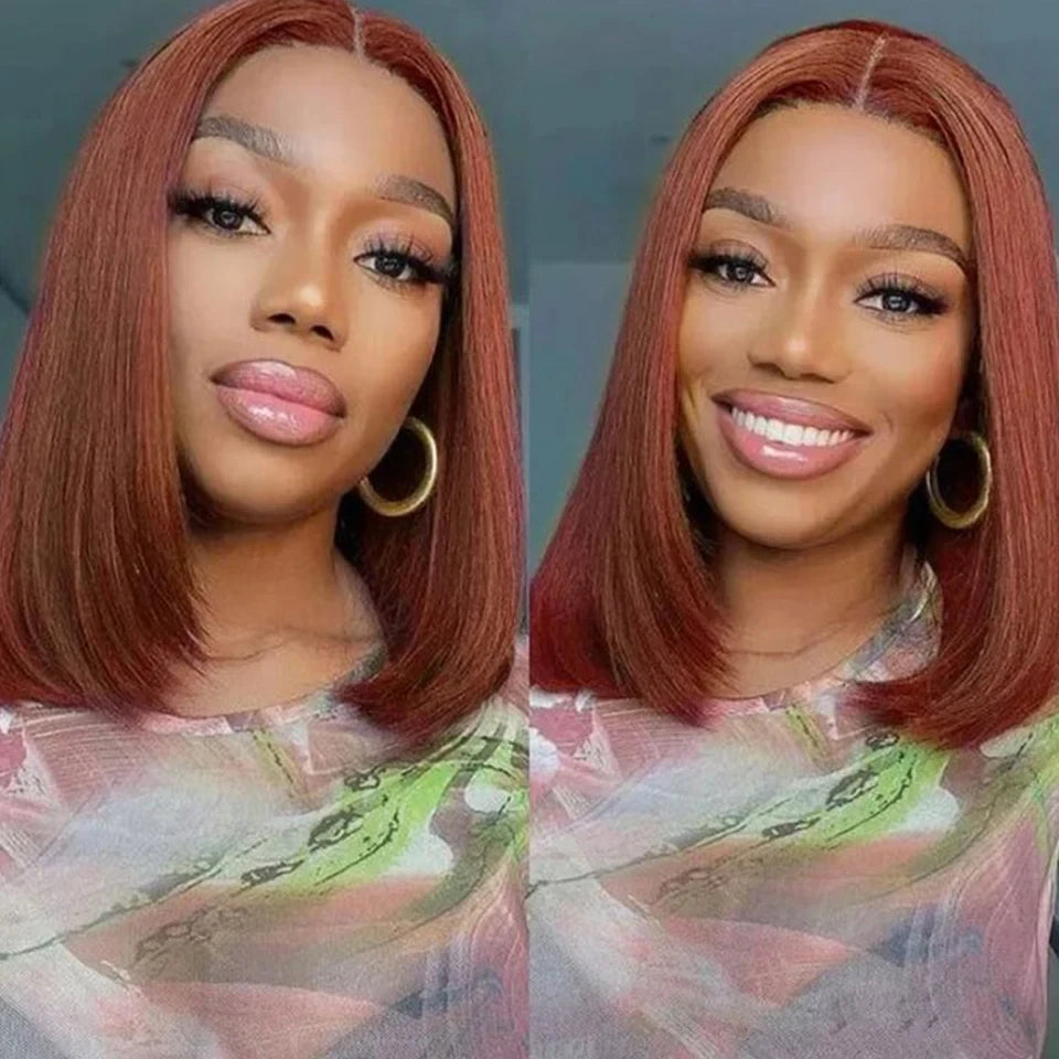 Rebecca Short Brown Color Bob Wig Peruvian Straight Lace Front Human Hair Wigs For Women 33 Reddish Brown 13*6*1 T Lace Part Wig