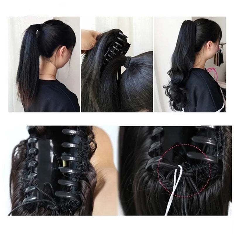 Synthetic Long Curly Wave Ponytail Claw Clip in Hair Extension Black Brown Hairpiece for Women