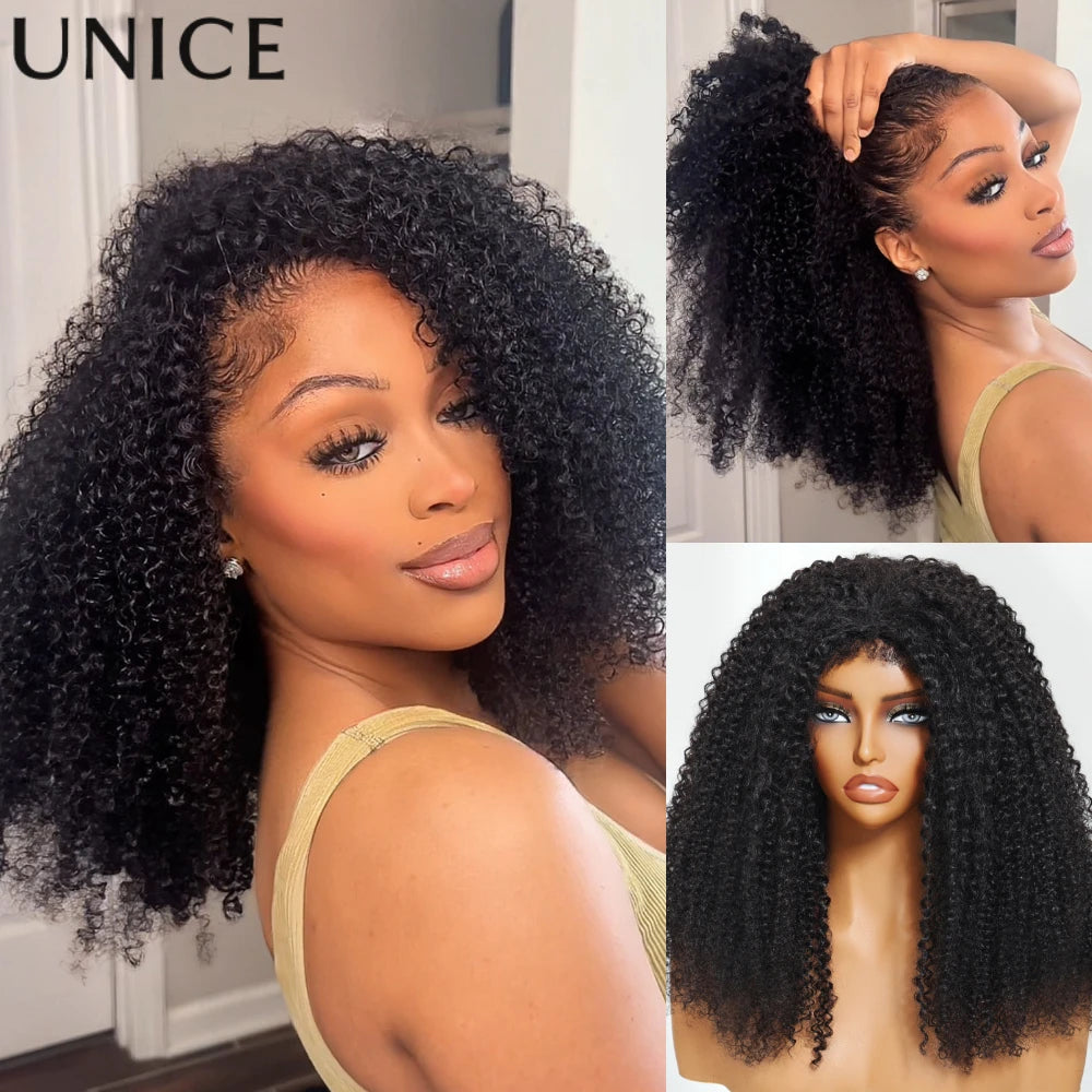 UNice Hair New 4C Blend Edges Kinky Curly Half Wigs With Drawstring 100% Human Hair Glueless Flip Over Wig No Leave Out