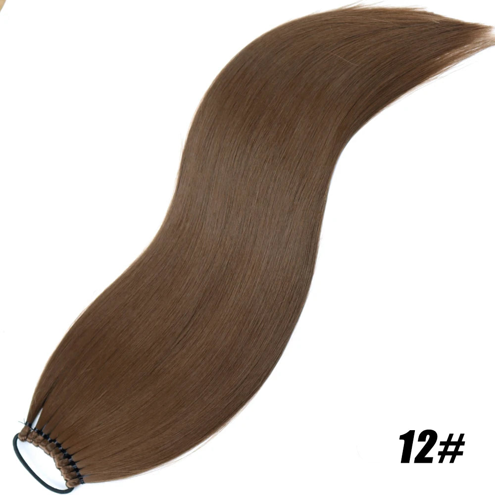 Synthetic 24Inch Ponytail Extensions Black Natural Braided Pony Tail Hairpiece Long Straight Rubber Band Hair For Women