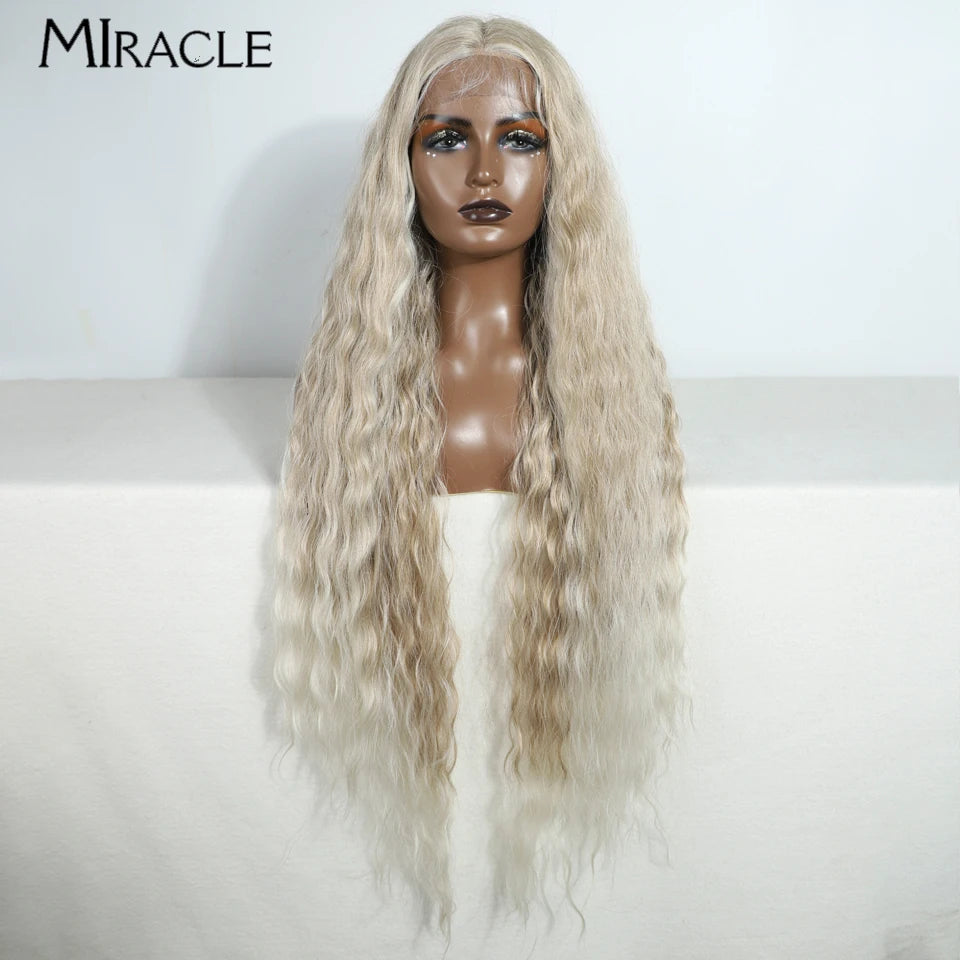 MIRACLE Synthetic Lace Front Wig For Women 40 Inch Water Wave Lace Wig Cosplay Wigs 613 Pink Blonde Wig Super Long Fiber Hair