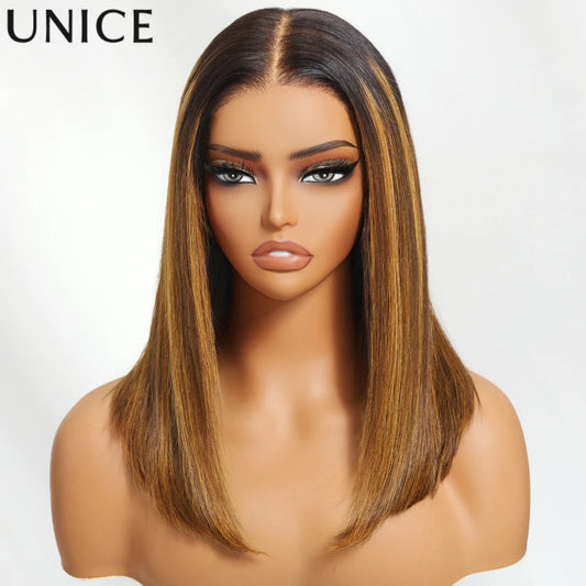 Unice Hair Brown Piano Highlight Straight Bob Wig 7x5 Pre Cut Pre Bleached Glueless Wig Human Hair Ready To Wear 150% Density