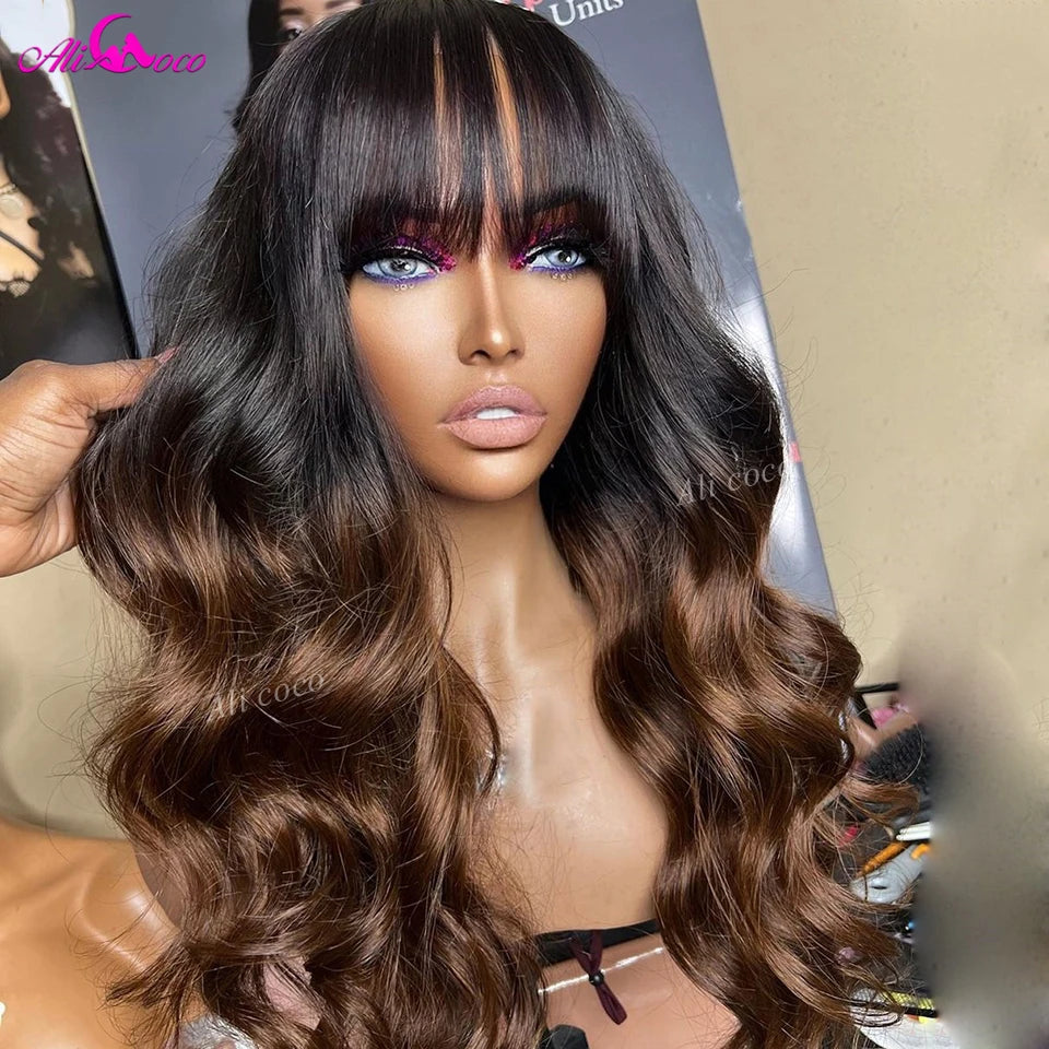1B Brown Body Wave Wigs With Bangs 13x4 Transparent Lace Frontal Wig #30 Colored Lace Closure Human Hair Wigs For Black Women