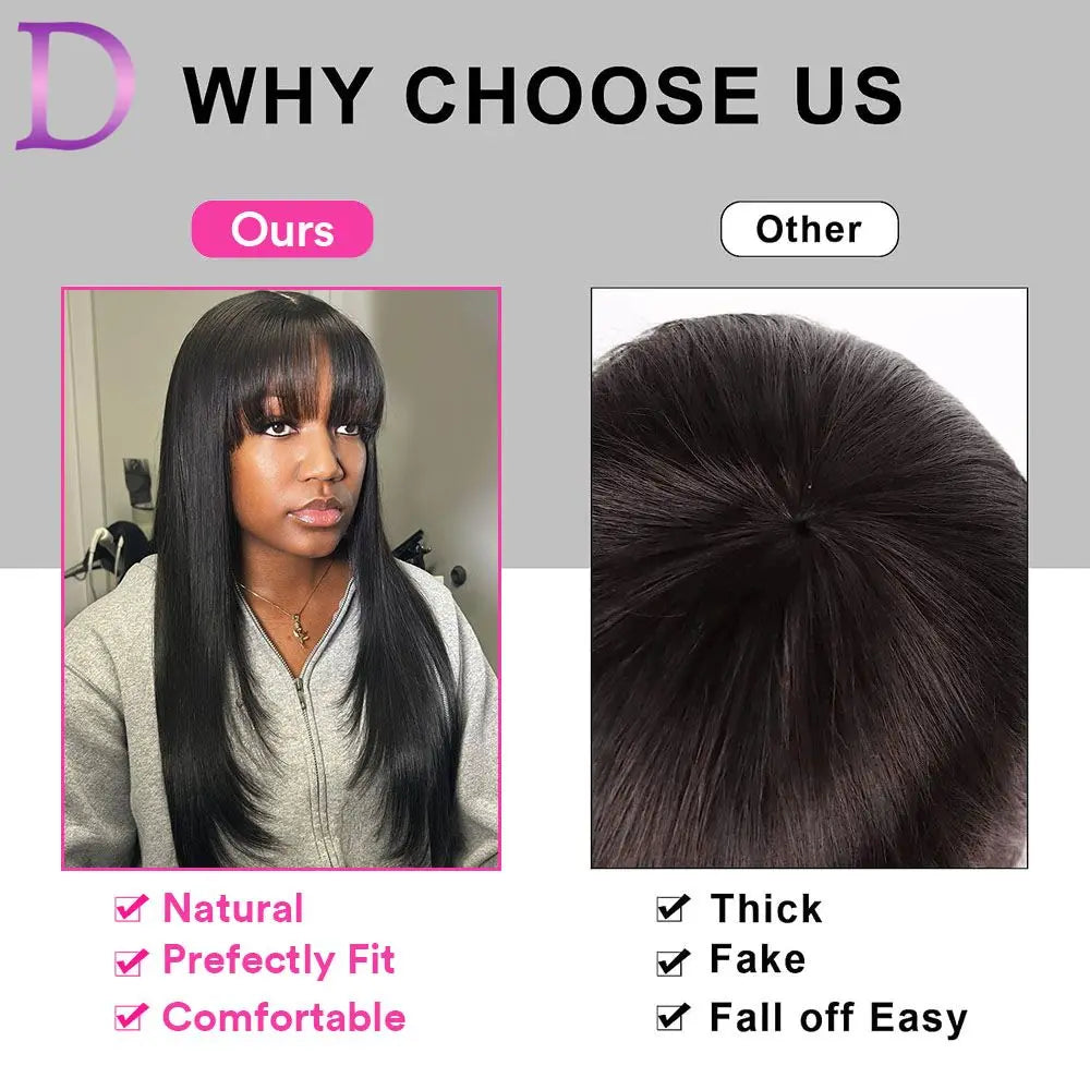 Straight 3X1 Middle Part Lace Realistic Look Fake Scalp Wig Brazilian Wig Straight Fringe Human Hair With Bangs For Women